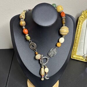 Mixed Media Scarab Beetle Silver Tone Southwestern Necklace